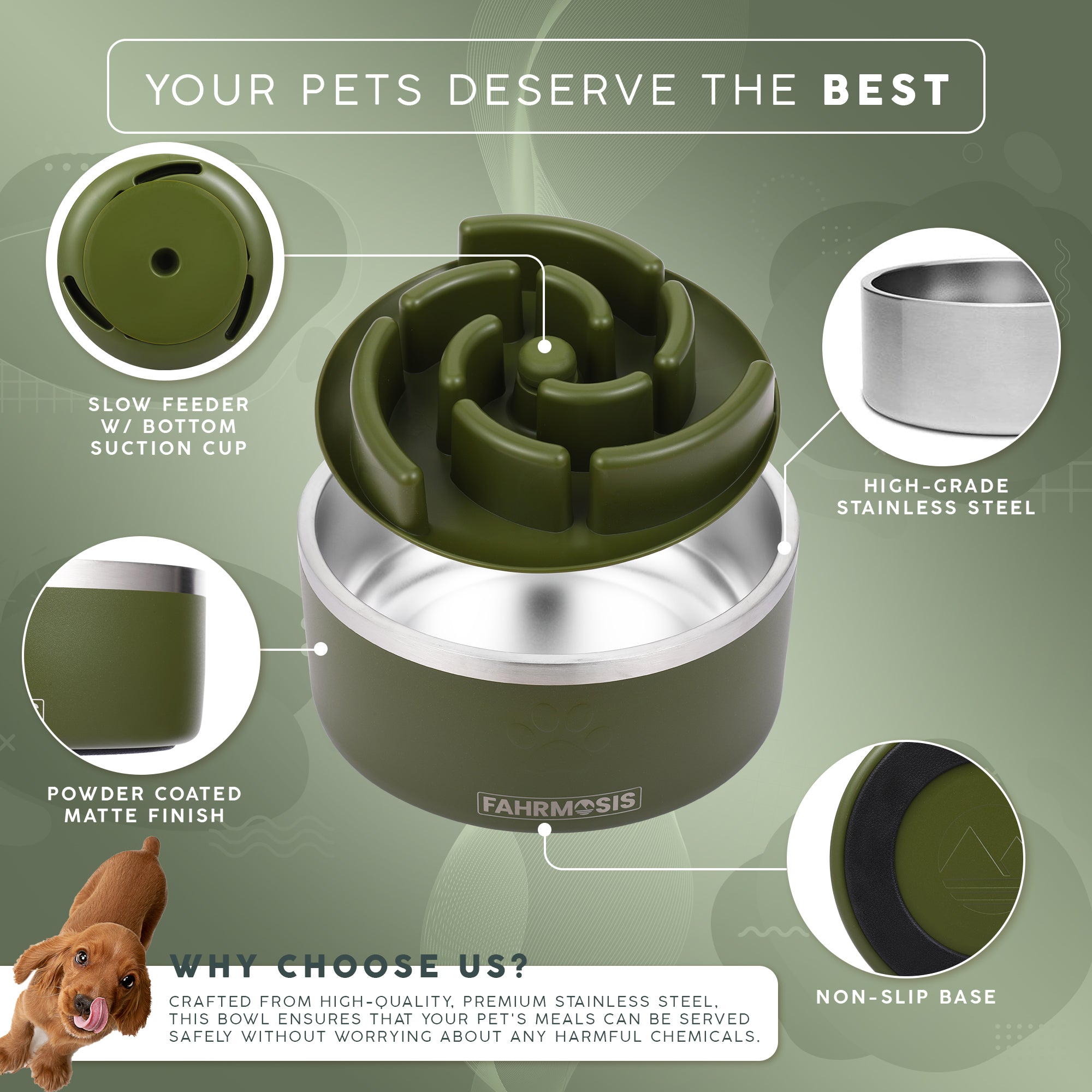 Stainless Steel Dog Bowl with Slow Feeder Insert - Army Green
