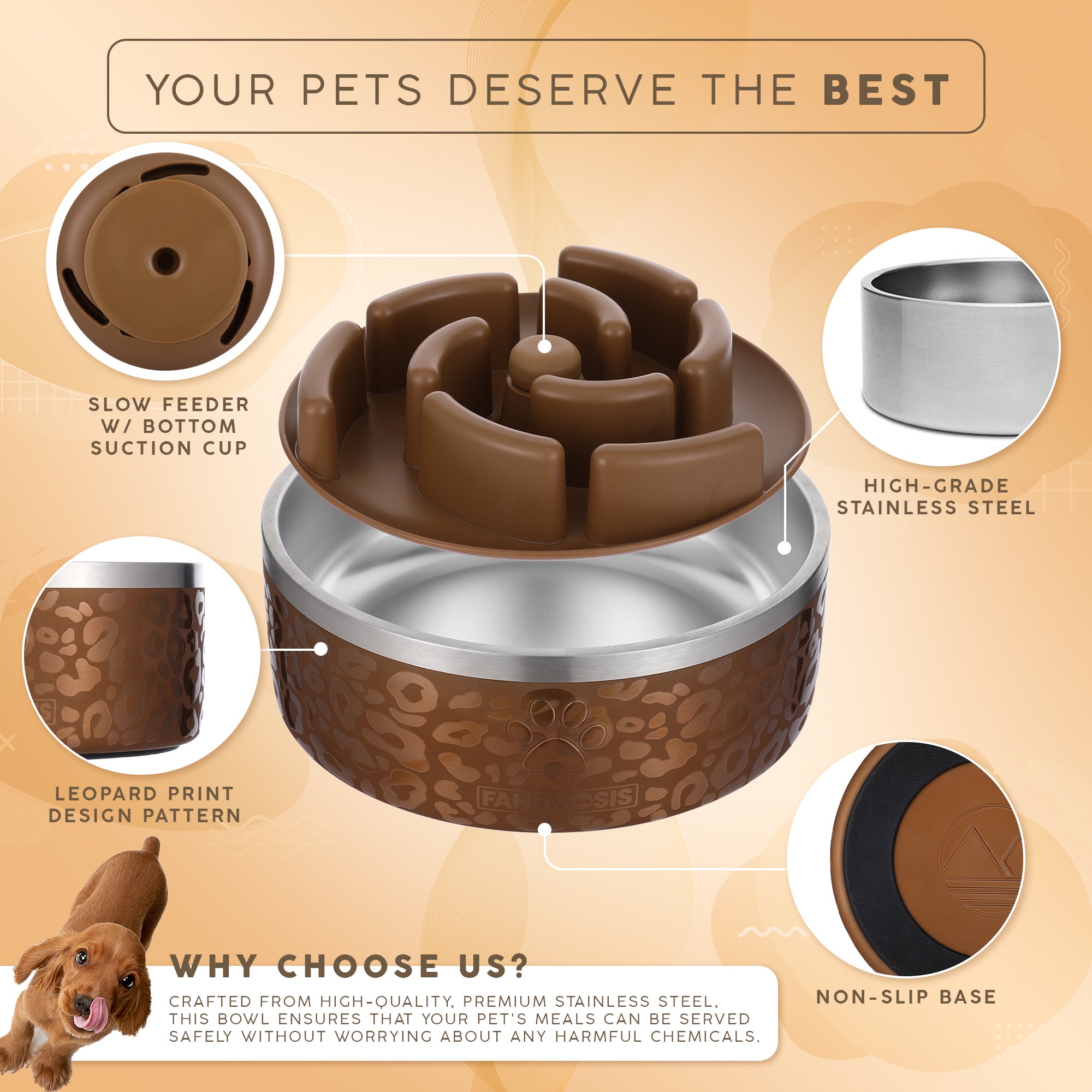 Stainless Steel Dog Bowl with Slow Feeder Insert - Gold Leopard