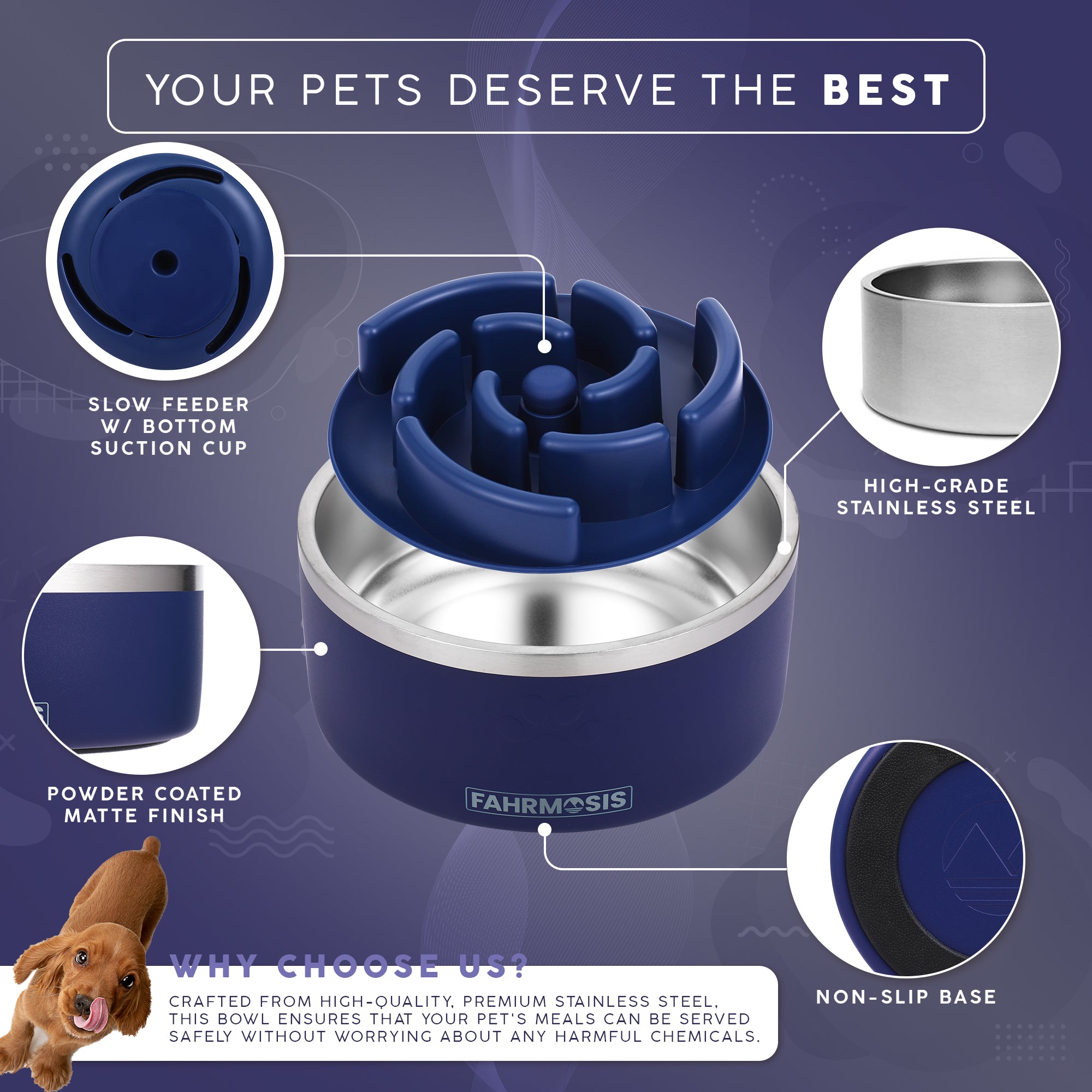 Stainless Steel Dog Bowl with Slow Feeder Insert - Navy Blue