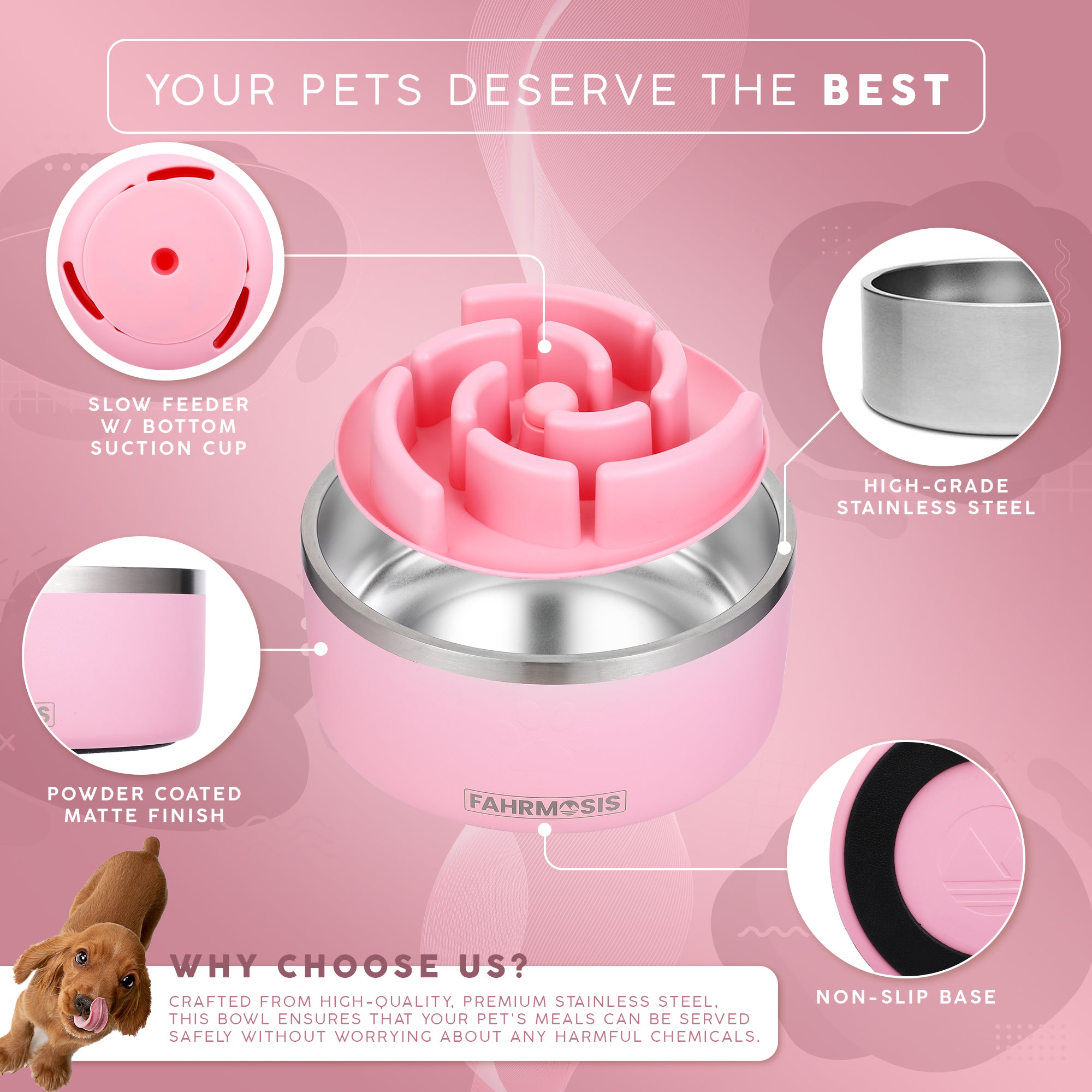 Stainless Steel Dog Bowl with Slow Feeder Insert - Pink