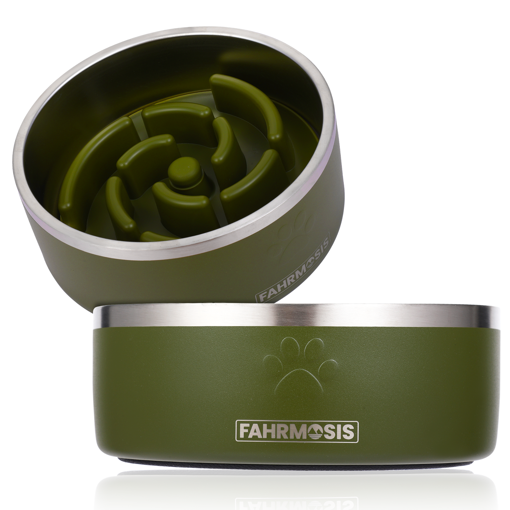Stainless Steel Dog Bowl with Slow Feeder Insert - Army Green
