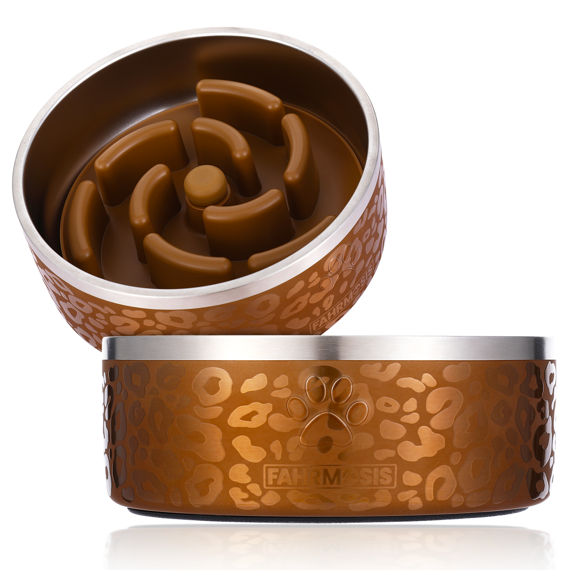 Stainless Steel Dog Bowl with Slow Feeder Insert - Gold Leopard