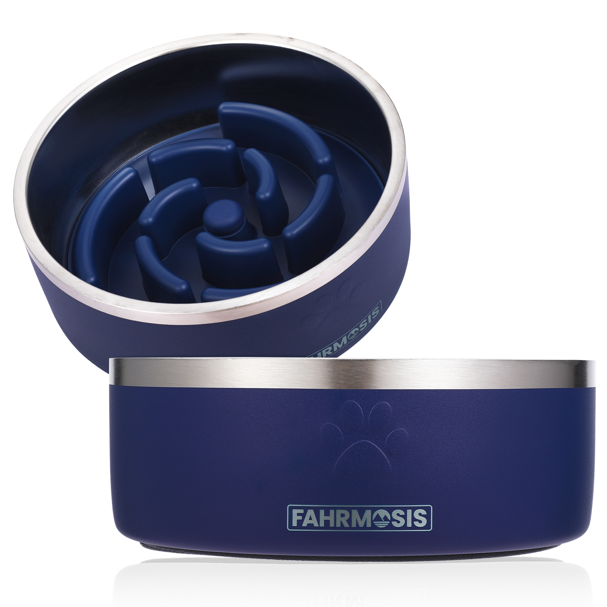 Stainless Steel Dog Bowl with Slow Feeder Insert - Navy Blue