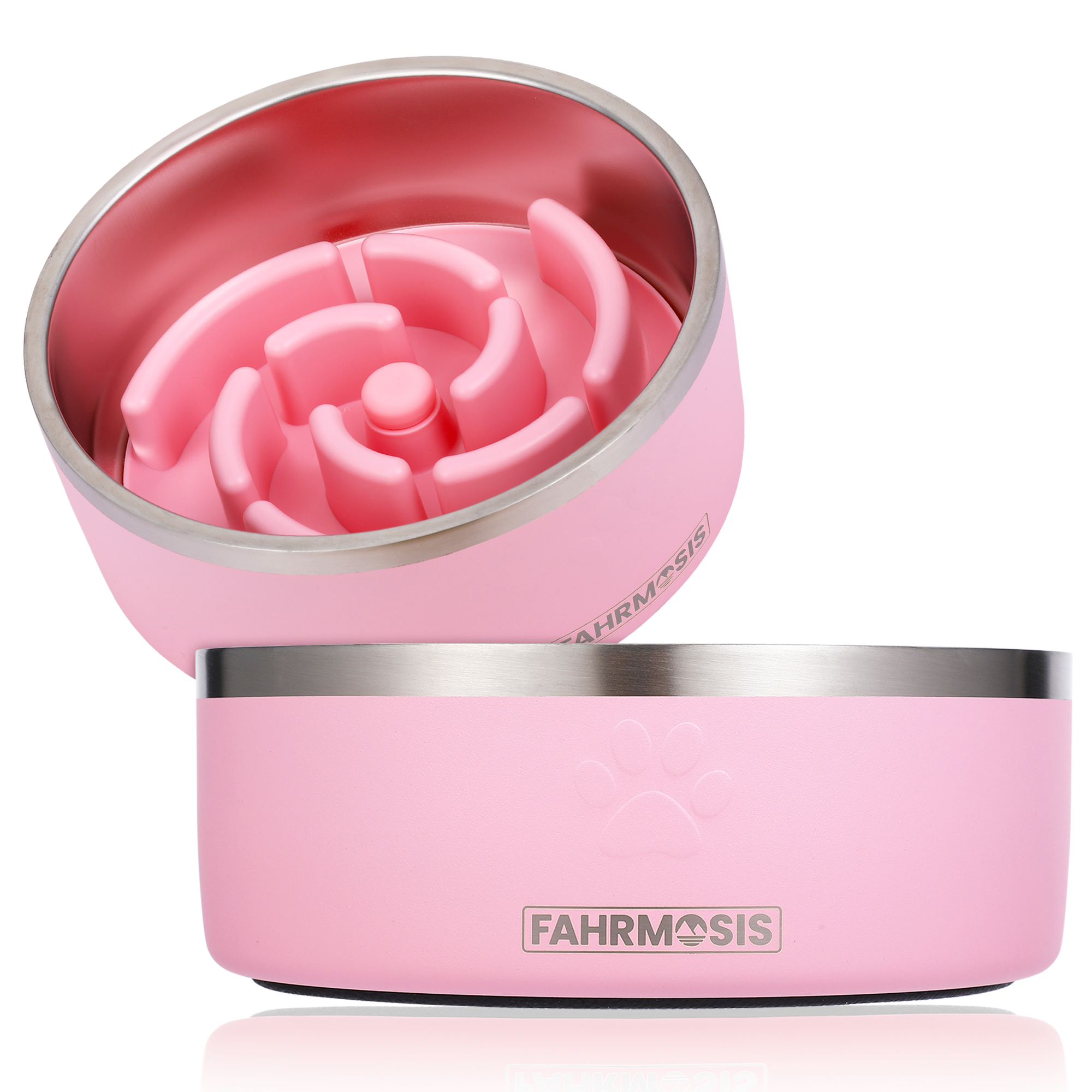 Stainless Steel Dog Bowl with Slow Feeder Insert - Pink